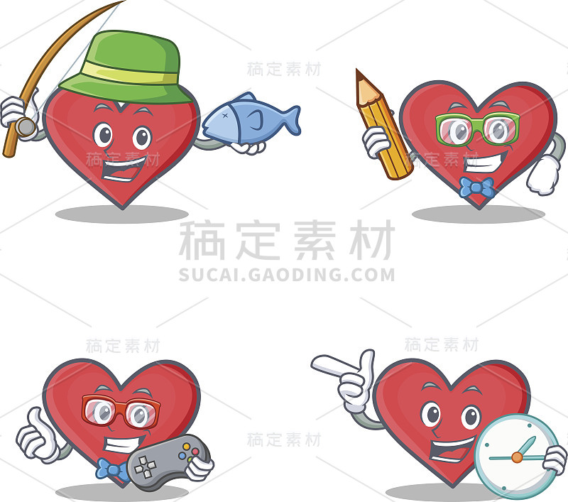 Set of heart character with fishing student gamer 