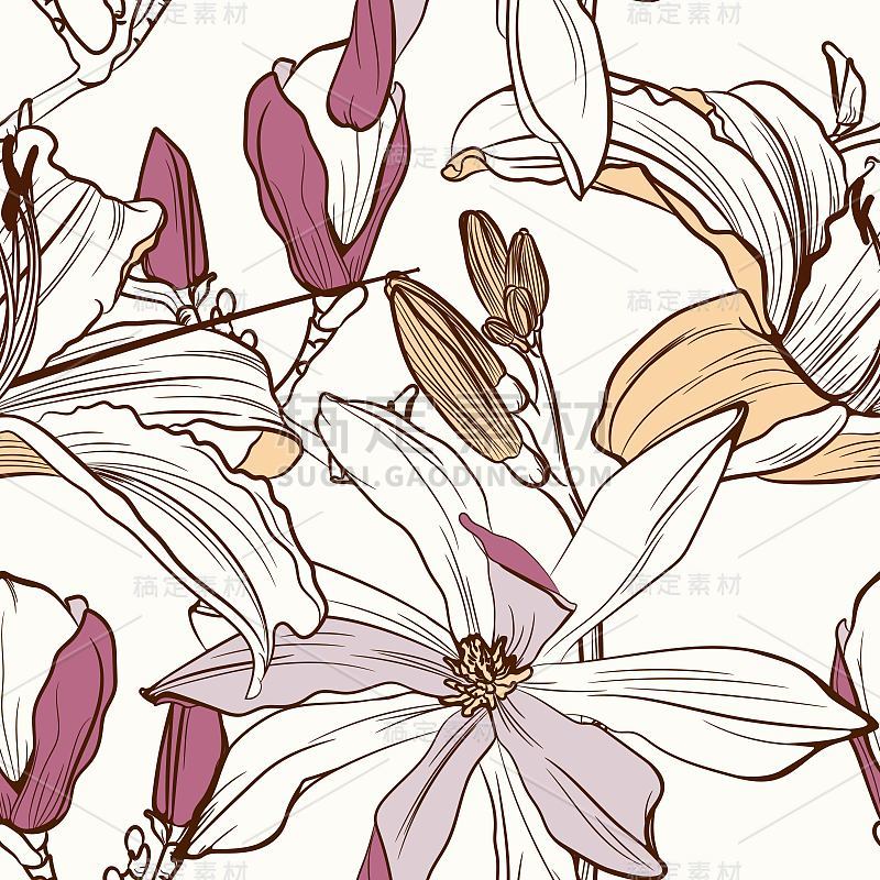 Seamless floral pattern with image of a magnolia f