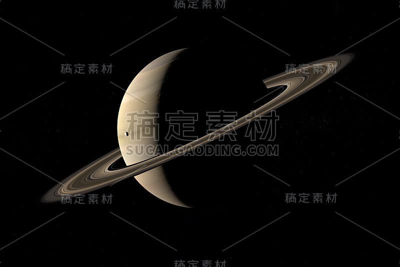 两面神卫星在外太空围绕土星运行。三维渲染