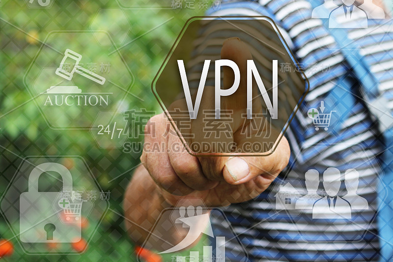 上了年纪的商人，农民在触摸屏上选择一个VPN。虚拟专用网络web标签。Сoncept互联网技术。