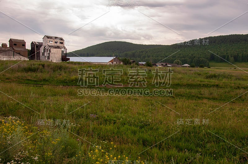 绿油油的草地，远处孤零零的绿树和湛蓝平静温柔的天空。黄色的干草。电场中的电杆。一个很远的小镇。风景