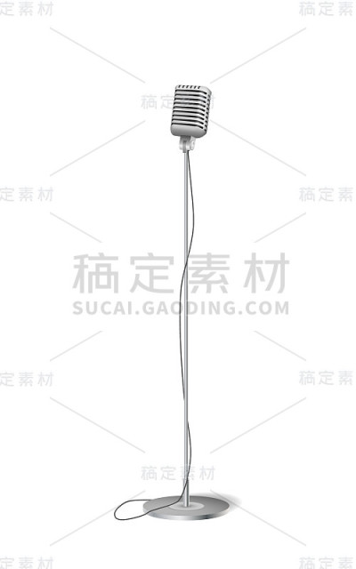 电影音乐会麦克风。复古银站立麦克风隔离在白色。矢量图