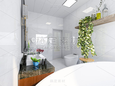 D效果图，现代住宅洁净浴室设计，配有洗手盆、镜子、马桶、淋浴设备和浴缸，阳光从落地窗照射进来。