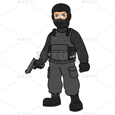 卡通雇佣兵或士兵角色持有手枪