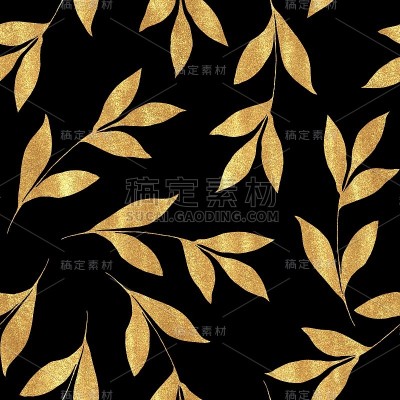 无缝花图案与黄金叶在黑色