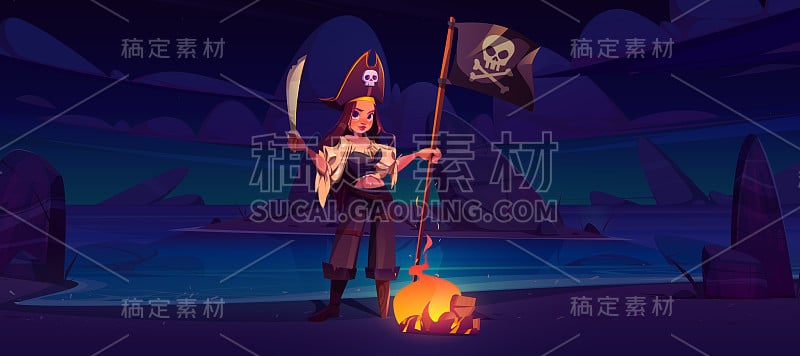 夜滩上挂着海盗旗的女海盗