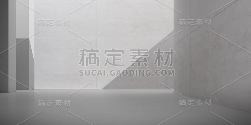 抽象的建筑空间与节奏的混凝土块与阳光投阴影在墙上。水泥结构。3 d渲染。