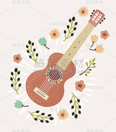 矢量彩色花束鲜花吉他音乐