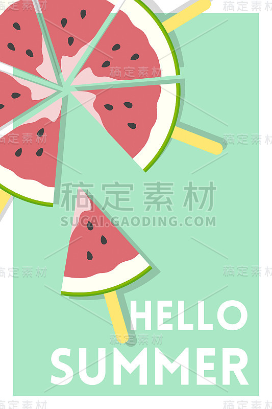 西瓜冰棒上的Hello Summer Message绿色海报