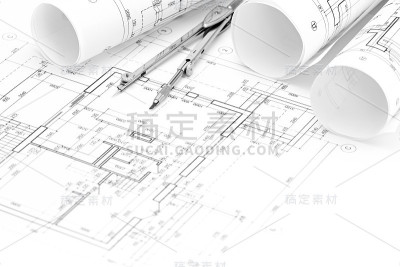 建筑图纸与平面图，卷和绘图罗盘