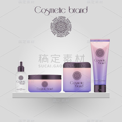 一套逼真的渐变颜色化妆瓶。3D模型瓶孤立的白色背景。化妆品包。