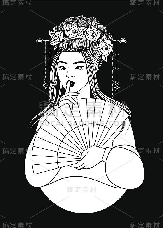 美丽的亚洲女人在韩服，与鲜花和扇子。上色的轮廓图。矢量图