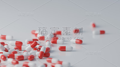 白色背景上的红色和白色药丸。医药行业、医疗行业、处方药概念。数字3 d渲染。