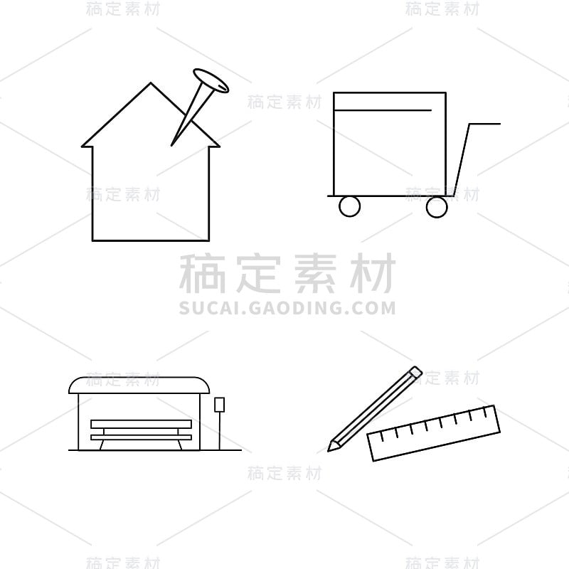 建筑和建筑简单的线性轮廓矢量图标集。