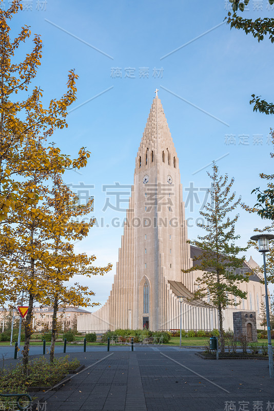 著名的Hallgrimskirkja，雷克雅未克，冰岛的垂直视图。