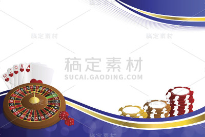 背景蓝色金色赌场轮盘赌卡筹码骰子插图向量