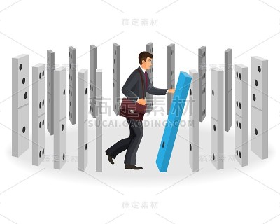 穿着经典西装的商人多米诺效应可视化