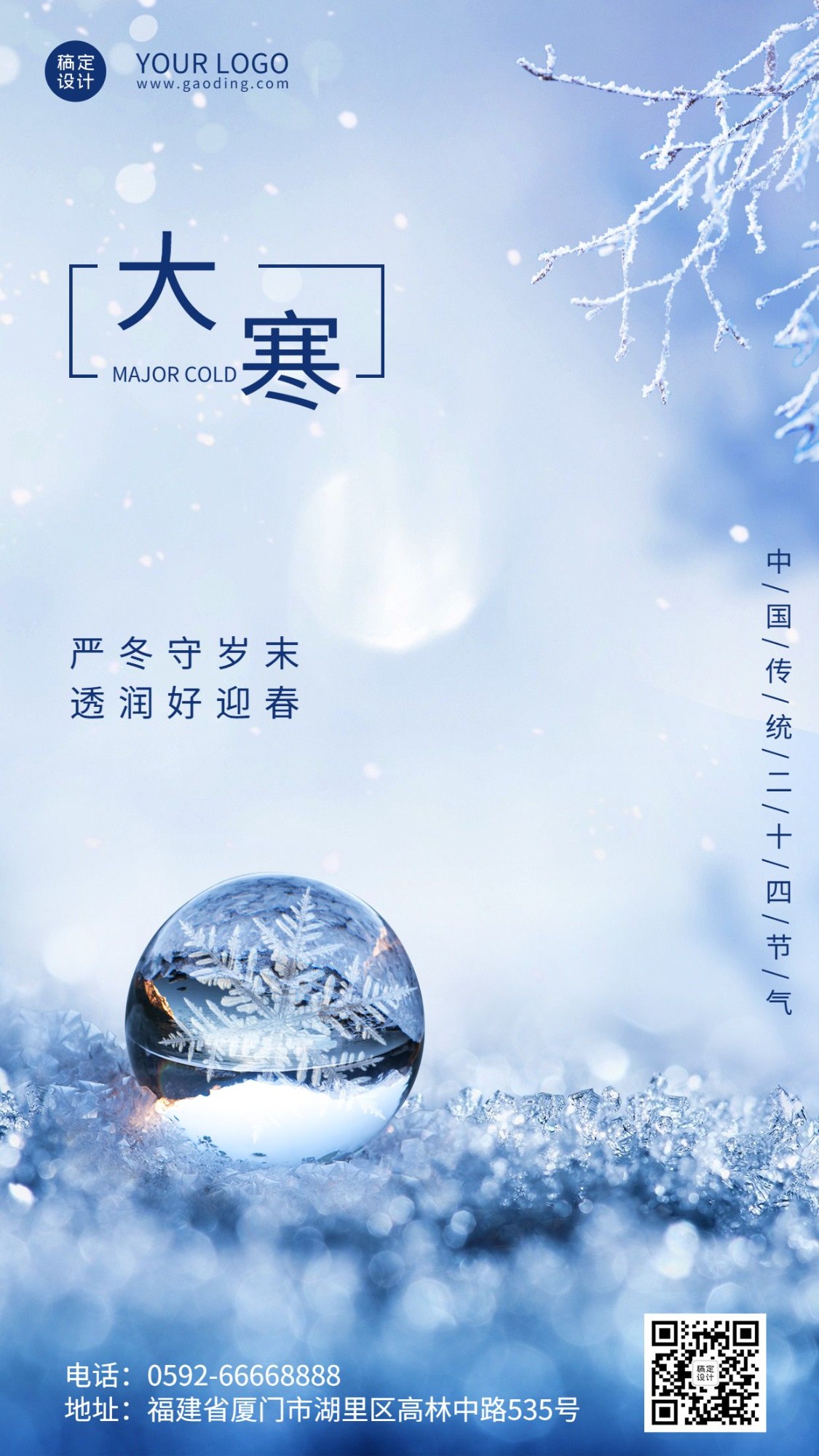  大寒节气树枝雾凇雪花祝福手机海报预览效果