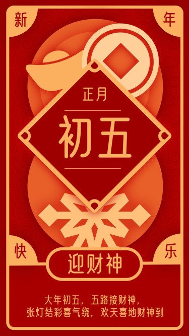 春节习俗套系初五手机海报