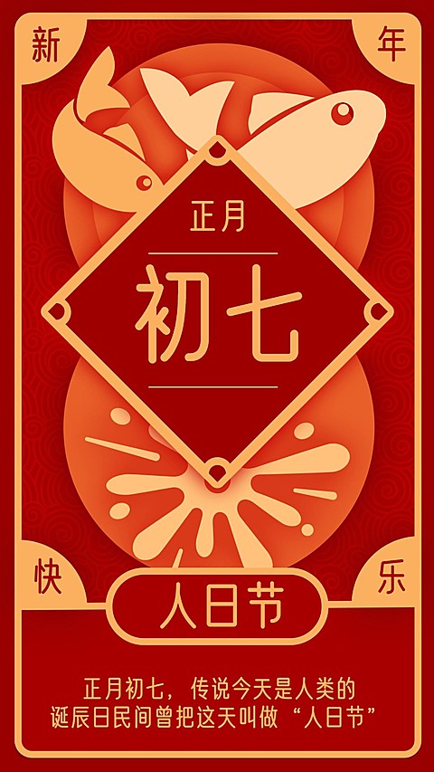 春节习俗套系初七手机海报