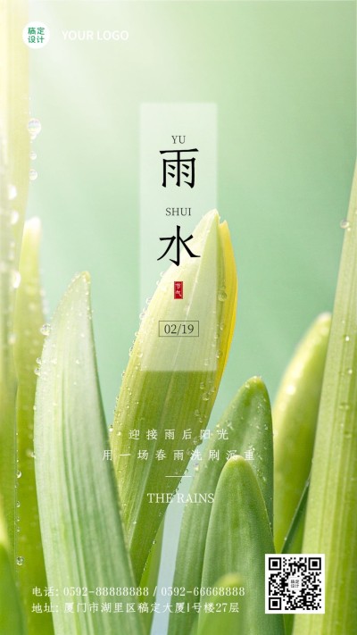 雨水节气清新实景手机海报