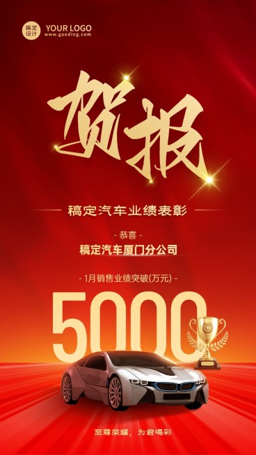 汽车汽配店铺业绩喜报大气合成红金手机海报预览效果