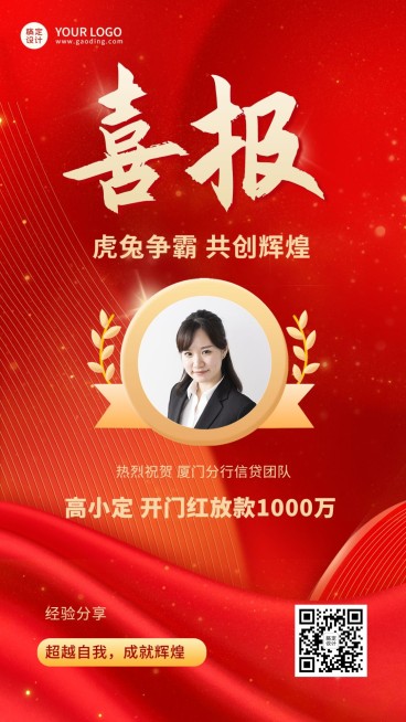 金融保险开门红销售业绩表彰人物喜报手机海报预览效果