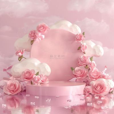 insMind Pink Background Mother's Day Product Plinth Podium Roses Flowers Water Clouds