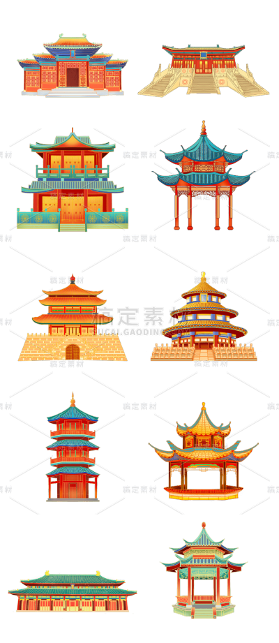 素材组合-手绘-传统中国风建筑贴纸