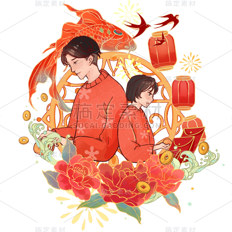 卡通感春节情侣元素贴纸