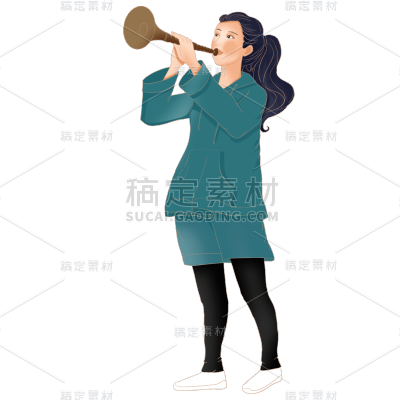 手绘-人物元素-女生吹长号