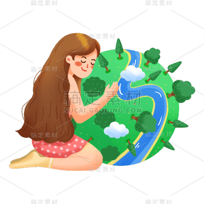 卡通感植树节女性元素贴纸