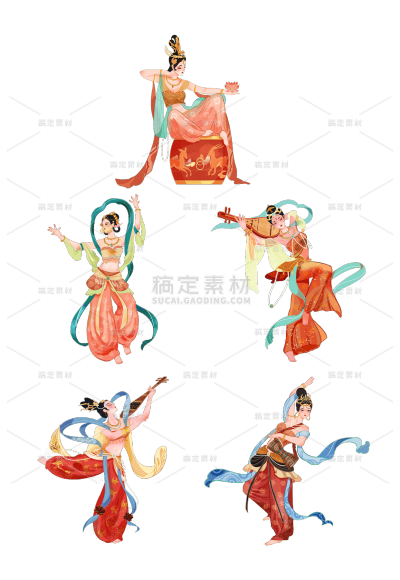 素材组合-中国风-国潮敦煌飞天仙女人物插画