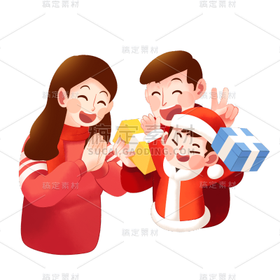 卡通感圣诞节平安夜一家人元素贴纸
