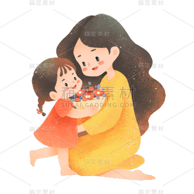 可爱清新母女插画元素贴纸