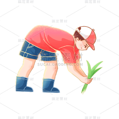 手绘男孩插秧元素贴纸
