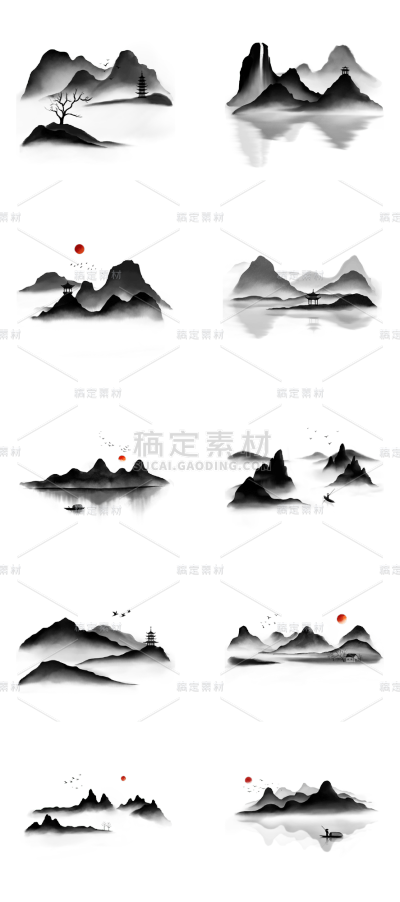 素材组合-手绘-水墨中国风山水画场景