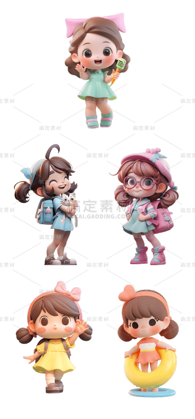 素材组合-通用3D卡通感可爱小女孩儿童人物贴纸元素素材