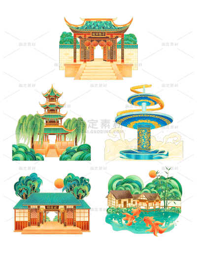 素材组合-金边国潮风-城市建筑地标主题2
