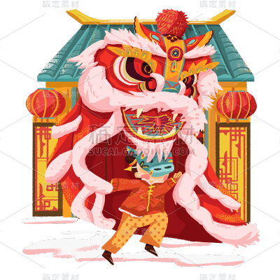 卡通感春节舞狮元素贴纸