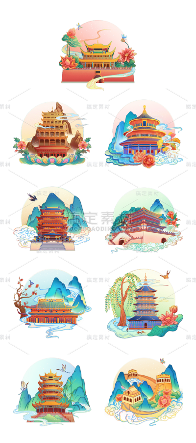 素材组合-春节国庆中国风建筑