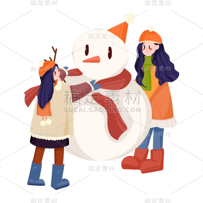 手绘冬天女生堆雪人元素贴纸