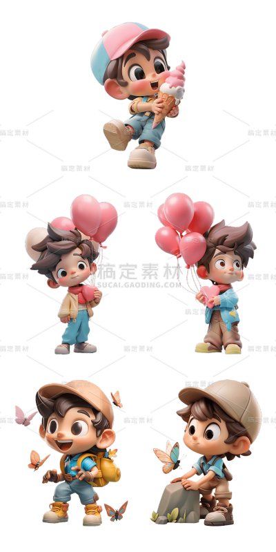 素材组合-通用3D卡通感可爱小男孩儿童人物贴纸元素素材