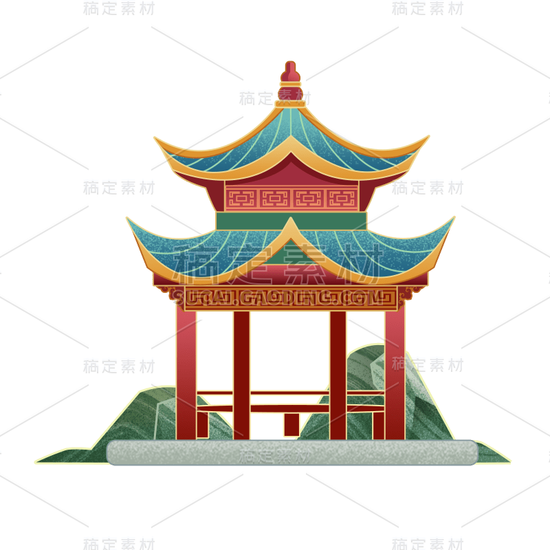 中国风重阳节亭子元素贴纸