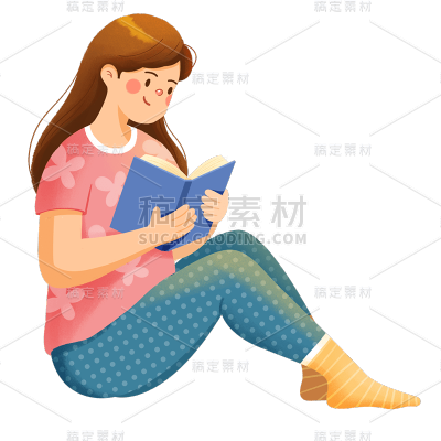 卡通感女生看书元素贴纸