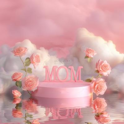 insMind Pink Background Mother's Day Product Plinth Podium Roses Flowers Water Clouds