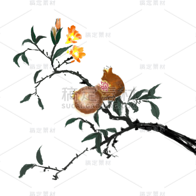 手绘-中国风水墨风植物贴纸-石榴