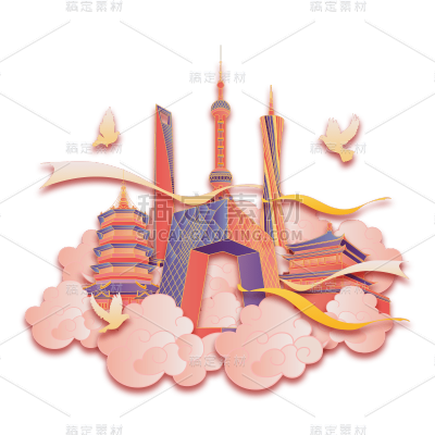 国潮插画-国庆节建筑组合元素