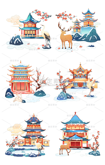 素材组合-传统节气小雪大雪冬天冬季中国风国潮建筑场景元素