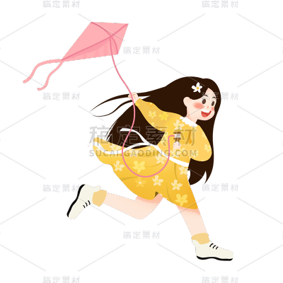 手绘放风筝女孩元素贴纸